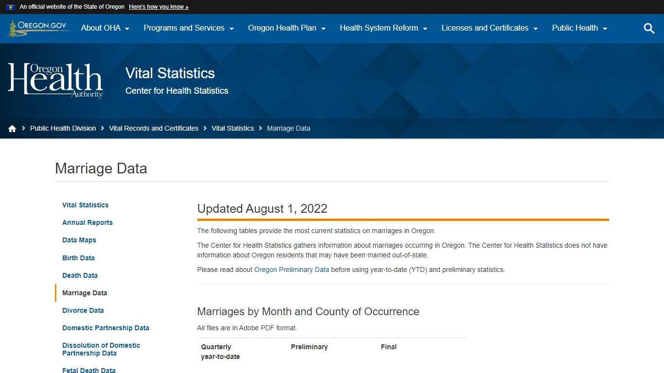 Marriage Data : Vital Statistics - State of Oregon